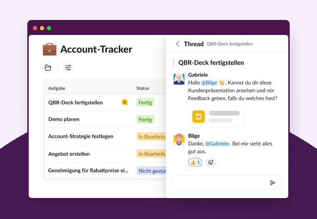 Ein wie eine Hand geformter Mauszeiger klickt auf eine Aufgabe, die zu einem Unterhaltungs-Thread führt.