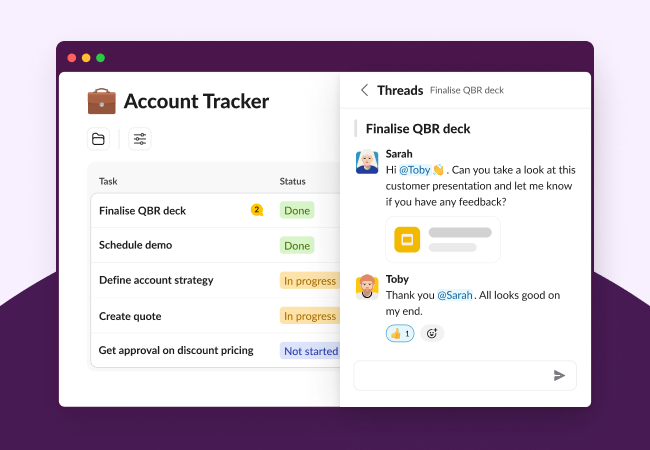 A hand-shaped cursor clicks on a task that leads to a conversation thread.
