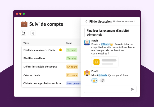 Un curseur en forme de main clique sur une tâche qui mène au fil de discussion d’une conversation.